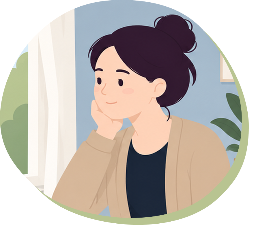 Illustration of Maya sitting by a window, resting her chin on her hand
