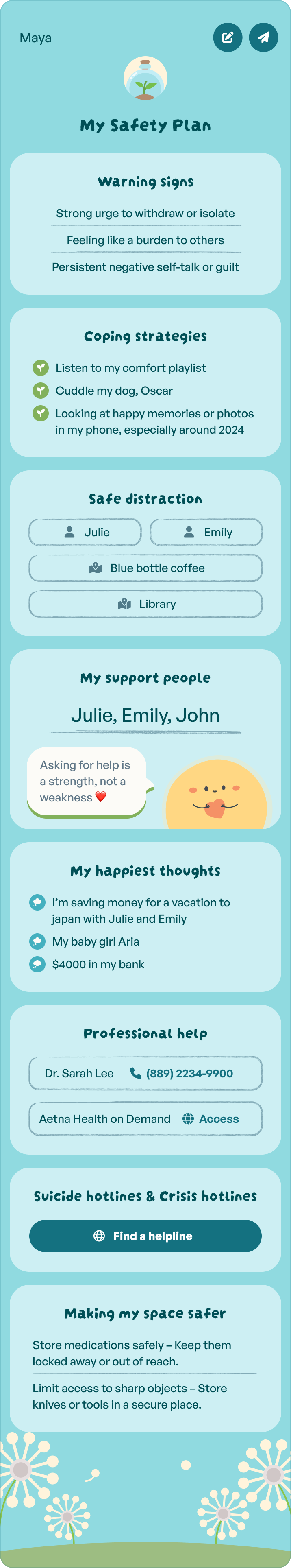 Maya&rsquo;s full safety plan: warning signs, coping strategies, safe distractions, support people, happiest thoughts, professional help, crisis hotlines, and making her space safer