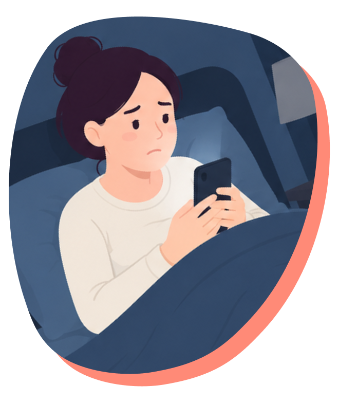 Illustration of Maya in bed at night, looking at her phone with a worried expression