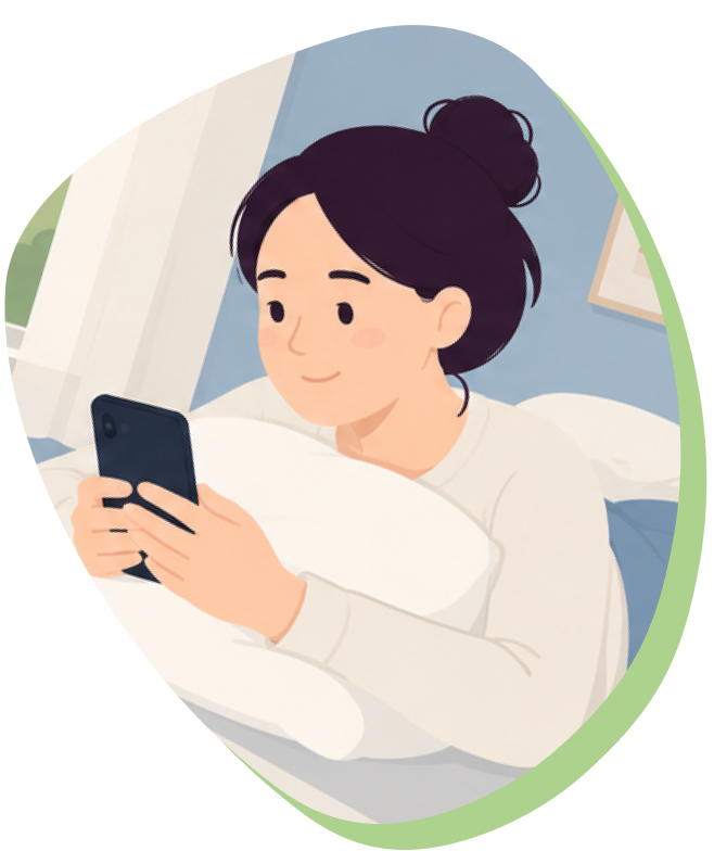 Illustration of Maya resting in bed in the morning light, smiling at her phone