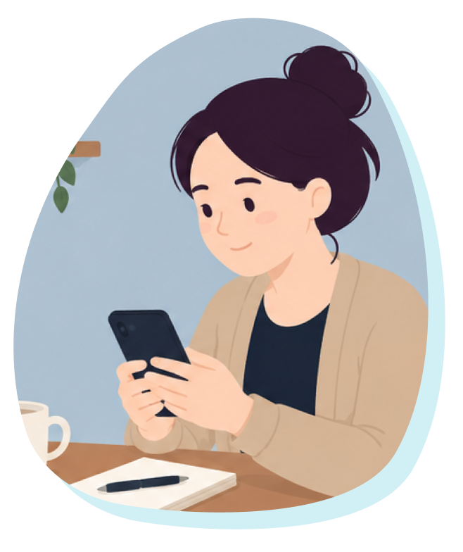 Illustration of Maya at her desk, exploring the Flourish app on her phone